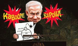 Bibi Shows Cartoon of Mass Destruction to UN-- based on claims Israeli intelligence experts dispute.