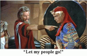 Charlton Heston (as Moses) confronting Yul Brynner (as the Pharaoh) in 