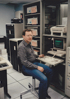 Mark at a console in AT&T computer room in New York City, 1988