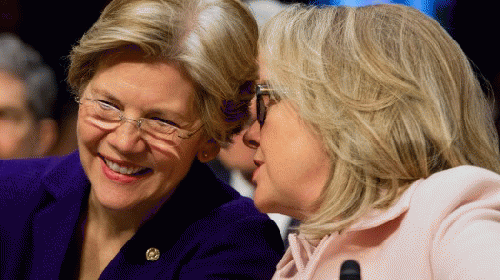 Elizabeth Warren and Hillary Clinton share a joke...on progressives?