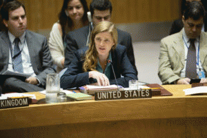 Samantha Power, Permanent Representative of the United States to the UN, addresses the Security Council meeting on Syria, Sept. 25, 2016. Power has been an advocate for escalating U.S. military involvement in Syria.