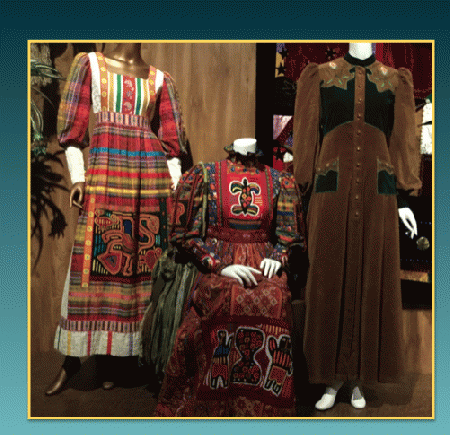 L. & C.: Patchwork dresses by Yvonne Porcella, R: Renaissance Cowboy Dress (1971) Victoria Bradshaw