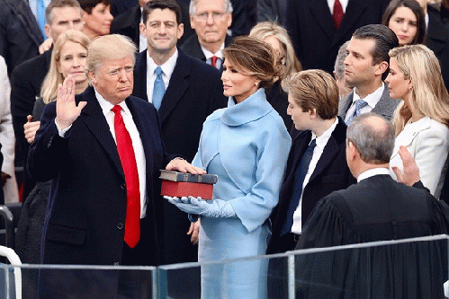 Donald Trump taking the presidential oath of office on Jan. 20, Inauguration Day., From ImagesAttr