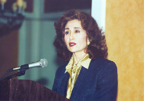 Afghan human rights expert Sima Wali delivers her acceptance speech for Amnesty International's Ginetta Sagan Fund Award in 1999.