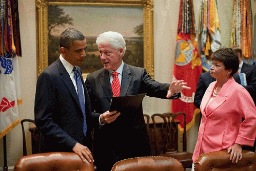 Then-President Barack Obama talks with former President Bill Clinton and senior adviser Valerie Jarrett at the White House in July 2010. Obama was meeting with business leaders to discuss new ways to create jobs and strengthen the partnership between the 