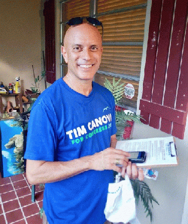 Tim campaigning door-to-door in Florida's 23rd Congressional District in the summer of 2018.