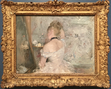 Woman at her Toilette, 1875-80. Likely shown at the 5th Impressionist Exhibition. The central figure forms a triangular composition, Berthe Morisot's favored arrangement. Subtle colors shimmer and appear iridescent.  Col. Art Inst. Chicago.