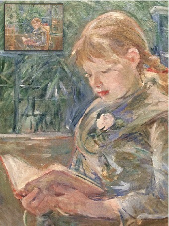 Reading, 1888. (detail; inset shows full painting) by Berthe Morisot. Col. MFA St Petersburg, FL.