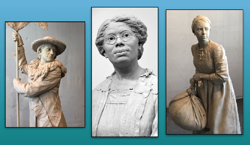 Clay versions of  sculptures of Adele Clark, Virginia Randolph and Anne Burras Laydon