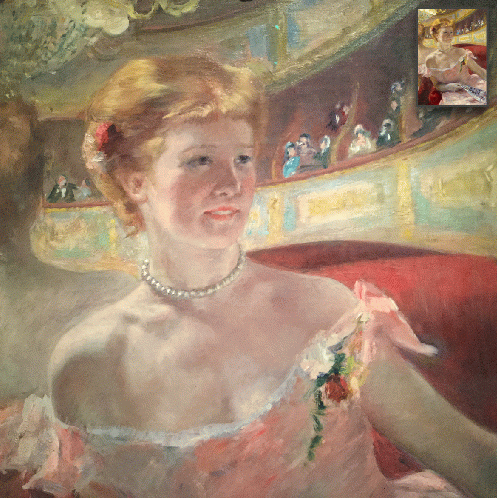 Detail Mary Cassatt's (1844-1926) Woman with a Pearl Necklace in a Loge oil, 1879, with full image shown in insert.