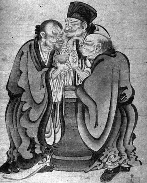 left to right, is the depiction of the famous allegorical story of Confucius, Laozi and Buddha each tasting vinegar