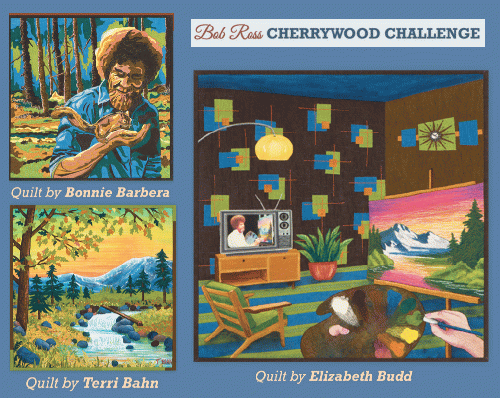 A selection of Bob Ross Cherrywood Challenge quilts.