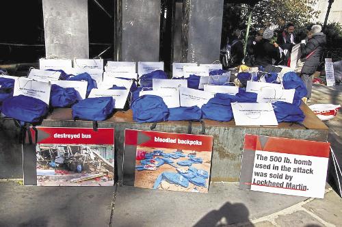 Some of the 40 blue backpacks worn in a protest in New York city against the war in Yemen. Each backpack was accompanied by a sign with the name and age of a child killed on a school bus in Dahyan, northern Yemen, on August 9, 2018, in a Saudi/UAE airstri, From InText