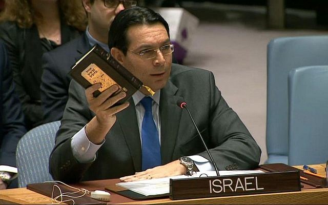 Israeli UN Ambassador Danny Danon holding Hebrew Bible/Old Testament at the UN.