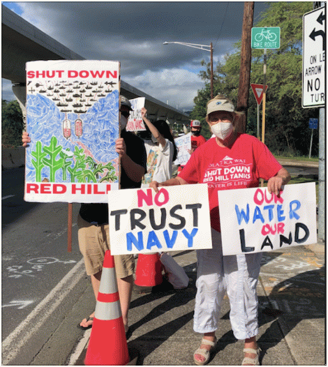 Ann Wright on February 2, 2022 at protest over military's filing two lawsuits challenging Hawaii's emergency order to shut down the Red Hill jet fuel tanks