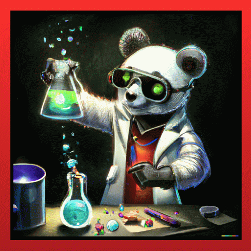 DALLÂ·E 2 image generated from,'panda mad scientist mixing sparkling chemicals, artstation'