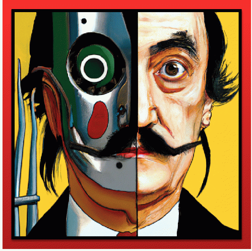 DALLÂ·E 2 image generated from, 'vibrant portrait painting of Salvador DalÃ­ with a robotic half face'