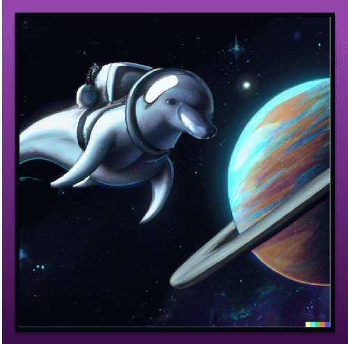 DALLÂ·E 2 image generated from,'a dolphin in an astronaut suit on saturn, artstation'