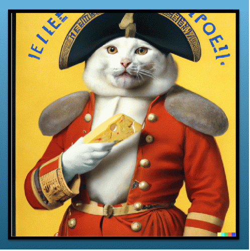 DALLÂ·E 2 image generated from, 'a propaganda poster depicting a cat dressed as french emperor napoleon holding a piece of cheese'