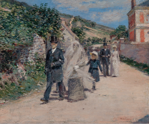 'Wedding March ' by Theodore Robinson. L-R: Claude Monet with bride, stepdaughter Suzanne Hoshede; unidentified child, groom, Theodore Earl Butler with Alice Hoshede, mother of the bride.  Terra Foundation for American Art, Chicago: Daniel J. Terra Collec