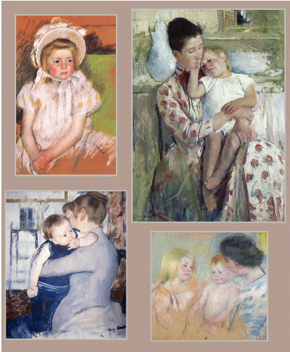 Mary Cassatt, clockwise from top left: Simone in a White Bonnet 1901, Pvt. col; Mother and Child, 1890. Wichita Art Museum, KS; Sara and Her Mother with the Baby (No. 1) pastel. 1901. Columbus Museum, GA; Mother and Child, ca. 1889, Cincinnati Art Museum,