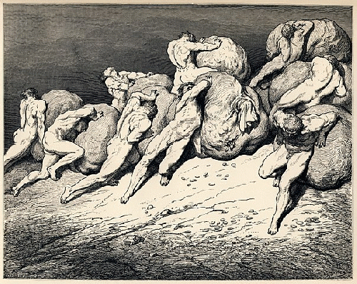 In Gustave Dore''s illustrations for the fourth circle, the weights are huge money bags