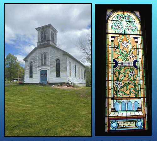 Rossville Church (founded 1831)  and one of its stained glass windows.