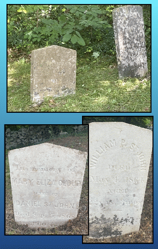 Gravestones of Mary Eliza Cloud St. John and her son before and after restoration