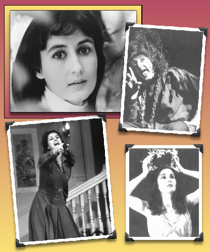 Clockwise from top left: Catherine's head shot; as The Wicked Witch in Rapunzel & the Witch; as Cassandra in The Trojan Women, NYC  and xx