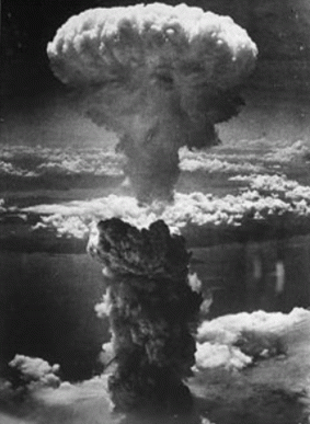 Figure 2: - Nagasaki 21 kiloton explosion, August 9, 1945 - The Nagasaki 21 kiloton atomic bomb. Deadlier airbursts kill more people, and cause less radioactive fallout (503 meters, 1,650 feet).