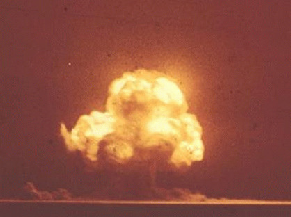 Figure 8: Trinity Test - Ground burst explosions create massive craters in the ground. After the initial detonation, people die from radiation, burns and different blows to the body.