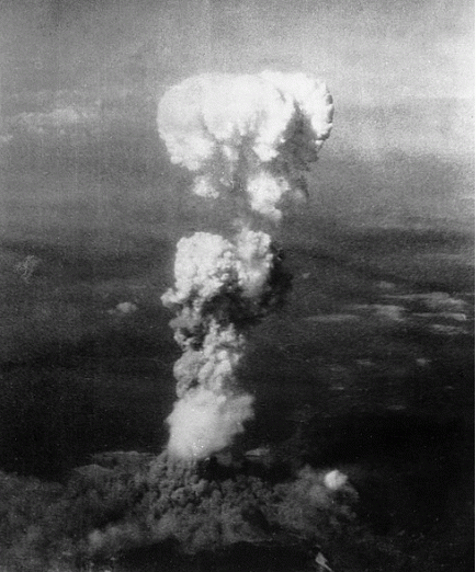 Figure 1: Hiroshima 15 kiloton explosion, August 6, 1945 - An airburst explosion fired a double cloud into the sky. The first cloud fires upward from the initial blast (580 meters, 1,870 feet). The second cloud formed as the blast blew out, back, and up.