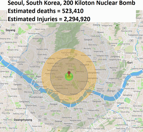 Figure 1: Maximum Korean payload, 200 Kiloton bomb, during a North Korean attack on South Korea for a single nuclear bomb