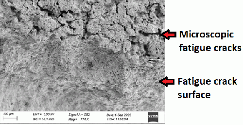 Figure 6: Electron microscopic fatigue corrosion cracks in a steel pipe.