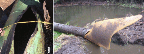 Figure 16: Amherst explosion (left) shows a typical outward explosion that occurs when gas pipelines explodes. Although the blast wave was not measured, a pressure surge from 1170 psi to 1350 psi was measured.