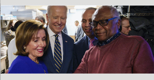 President Joe Biden poses for a selfie with Reps. Nancy Pelosi (D-CA), Hakeem Jeffries (D-NY), and Jim Clyburn (D-SC) in Philadelphia