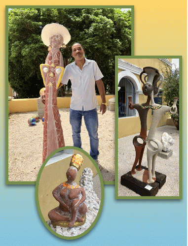 CCW from top: Otmar Jenny in the sculpture garden with his concrete sculpture, Flirting; Jenny's Kab'i Boto concrete and stone and Spanta Para by Selsio Martha (Ceramic)