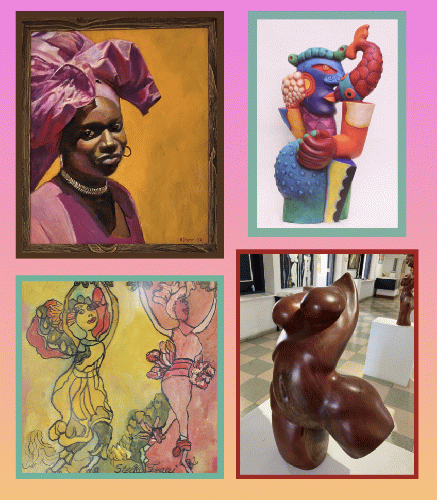 CW from top L: Mucha mhe' na lila by Richard Doest (oil),  Sculpture by Clemens Briels, Firm and Steady by Angel Luis de la Rosa (Mahogany), and Celebration  by Stella Fraai (mixed media on paper.)