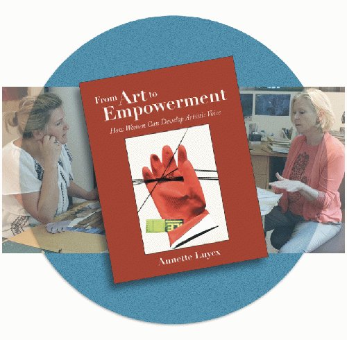 'From Art to Empowerment: How Women Can Develop Artistic Voice' book cover, Annette (R) and a student in the background.