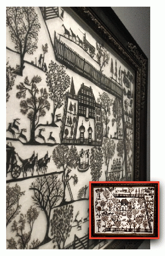 Detail and insert: English manor house and gardens, 1707. Knife-cut cut-paper work, pin pricking, collage, ink on a vellum backing, by Anna Maria Garthwaite (British, 1688 - 1763)