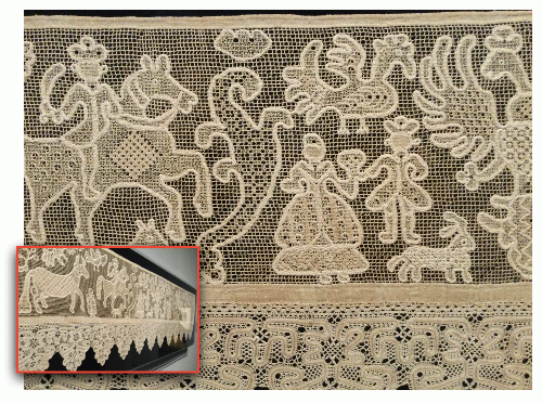 Embroidered Drawn Net Bed Valance with Bobbin Lace Border. 1766-1833 Russia. Linen. Artist unknown. Col. Cone