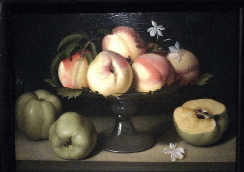 Glass Tazza with Peaches, Jasmine Flowers, and Quinces, c. 1607 Oil on panel Fede Galizia (Italian, 1578 - c. 1630) Col. Montreal MFA