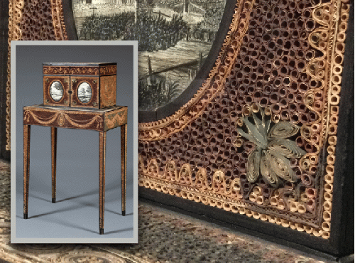 Cabinet decorated with Paper Quilling and Watercolor Panels. c. 1789 by Sophia Jane Maria Bonnell and Mary Anne Harvey Bonnell