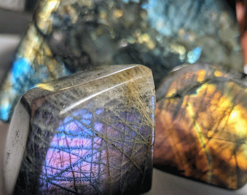 Three pieces of labradorite.