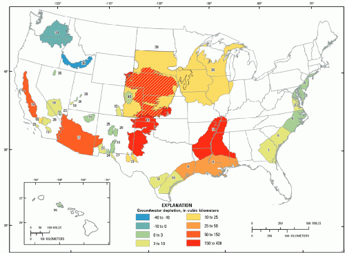 Figure 5. Decreases in available U.S. water storage due to our use of underground aquifers. ('Groundwater Decline and Depletion', 1 cubic kilometer = 264 trillion gallons).