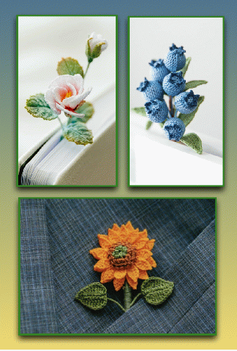 CW from top left: Microcrochet Light Pink Rose Bookmark,  Blueberry Bookmark, & Sunflower Brooch