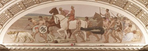 A mural portraying war as a destructive but civilization shaping force, From Uploaded A mural portraying war as a destructive but civilization shaping force, From Uploaded